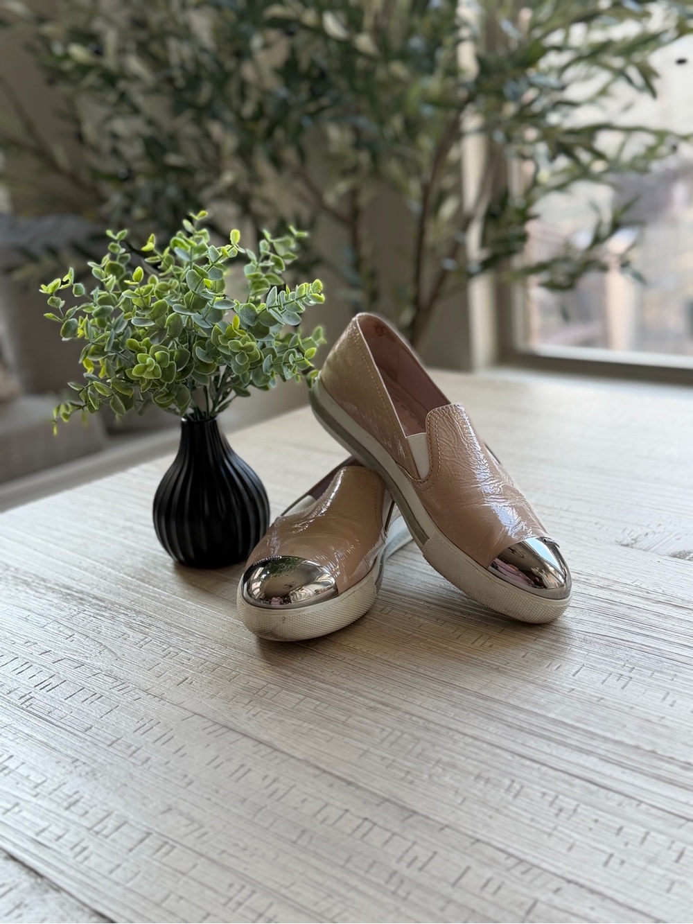Miu Miu Patent Pink Slip-On Loafers with Metallic Silver Cap Toe